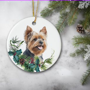 Yorkshire Terrier Dog Portrait Holly Wreath Keramik Ornament