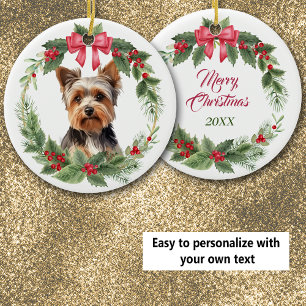Yorkshire Terrier Dog Red Bow Holly Wreath Keramik Ornament