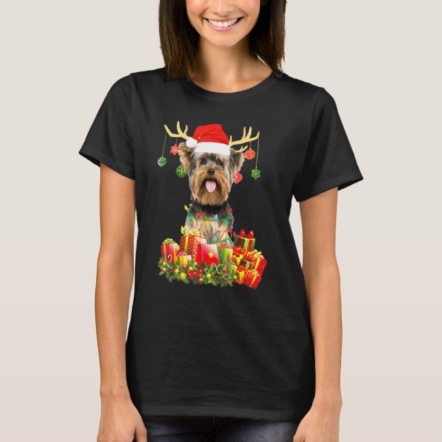 Yorkshire Terrier Dog Reindeer Santa Christmas Lig T-Shirt (Vorderseite)