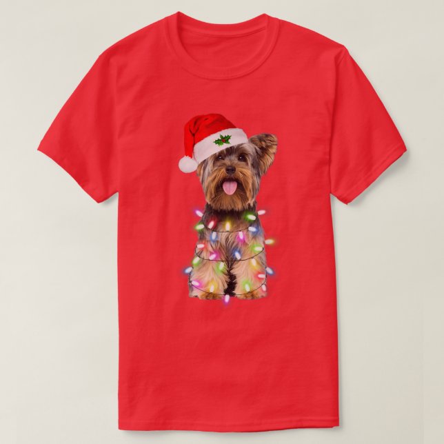 Yorkshire Terrier dog Santa Christmas Tree Lights T-Shirt (Design vorne)