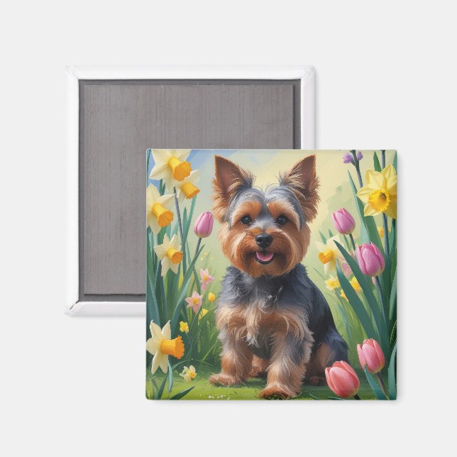 Yorkshire Terrier Dog Spring Flowers Magnet (Vorderseite/Rückseite)