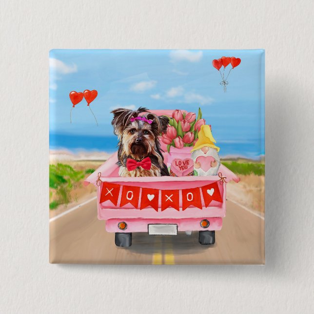 Yorkshire Terrier Dog Valentine's Day Truck Hearts Button (Vorderseite)