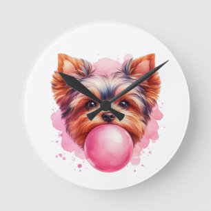 Yorkshire Terrier Dog w Pink Bubblegum Watercolor Runde Wanduhr