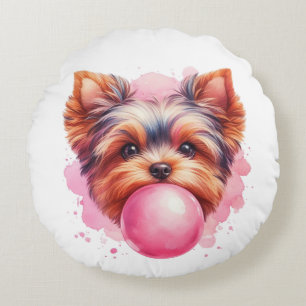 Yorkshire Terrier Dog w Pink Bubblegum Watercolor Rundes Kissen