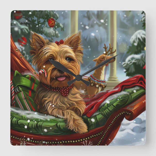 Yorkshire Terrier Dog Weihnachtsfest Quadratische Wanduhr (Vorderseite)