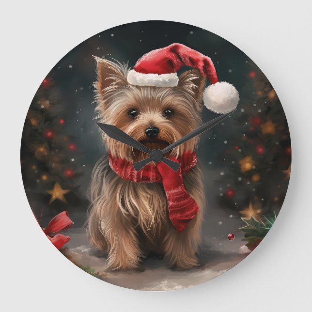 Yorkshire Terrier Dog zu Weihnachten im Schnee Große Wanduhr (Vorderseite)