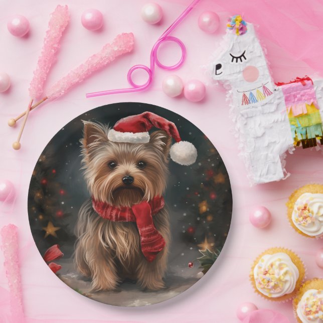 Yorkshire Terrier Dog zu Weihnachten im Schnee Pappteller (Party)