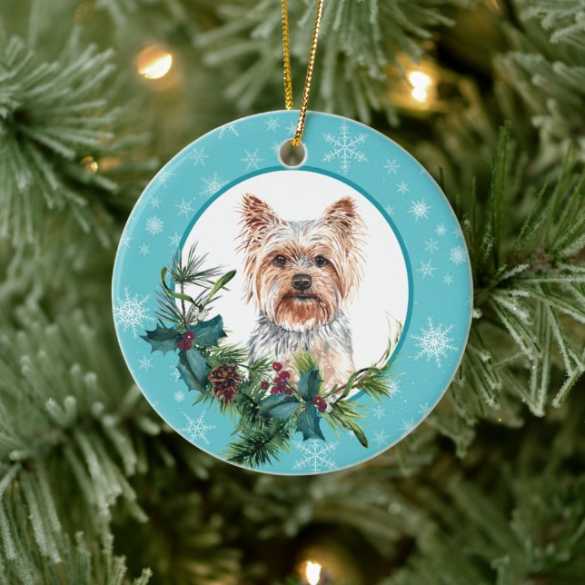 Yorkshire Terrier Evergreen Blue Snowflake Border Keramik Ornament (Baum)