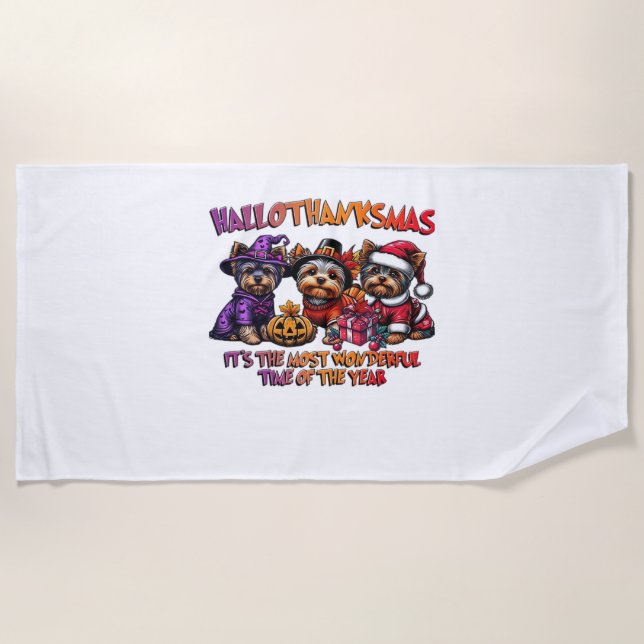 Yorkshire Terrier Halloween Erntedank Weihnachten Strandtuch (Vorderseite)