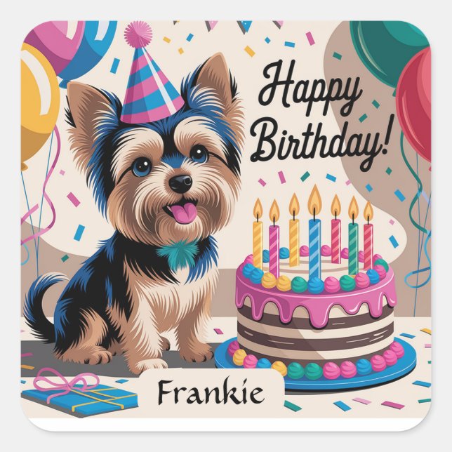 Yorkshire Terrier Happy Birthday Quadratischer Aufkleber (Vorderseite)