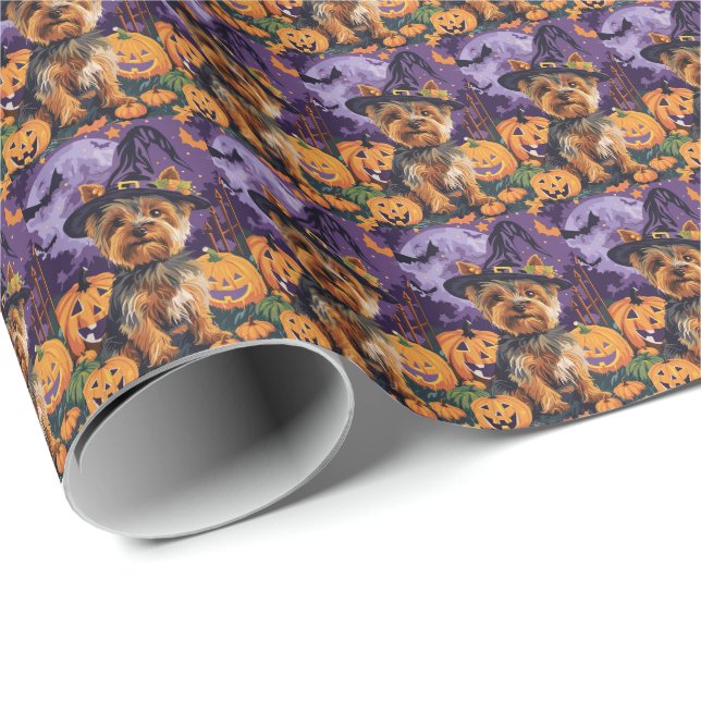 Yorkshire Terrier Hund Halloween Hexe und Pumpkin Geschenkpapier (Rolleneckpunkt)