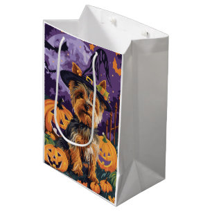 Yorkshire Terrier Hund Halloween Hexe und Pumpkin Mittlere Geschenktüte
