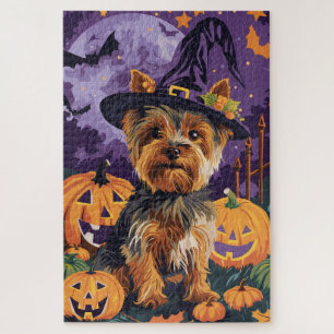Yorkshire Terrier Hund Halloween Hexe und Pumpkin Puzzle