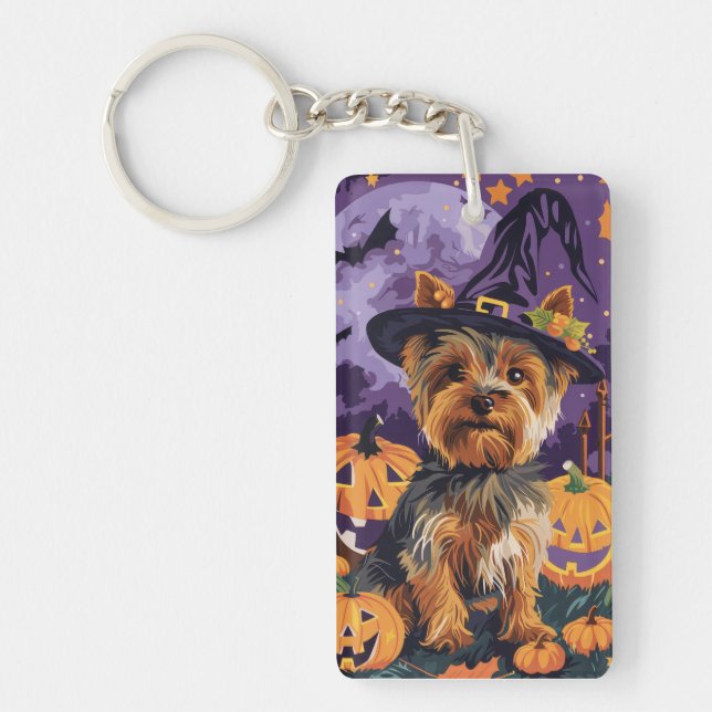 Yorkshire Terrier Hund Halloween Hexe und Pumpkin Schlüsselanhänger (Vorderseite)