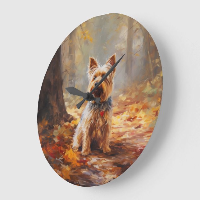 Yorkshire Terrier im Herbstfall Inspiriert Große Wanduhr (Winkel)