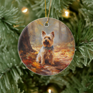 Yorkshire Terrier im Herbstfall Inspiriert Keramik Ornament