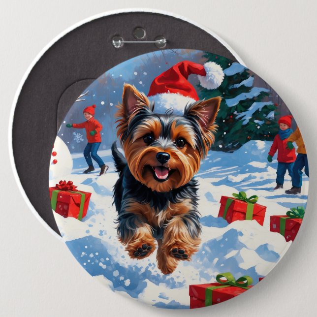 Yorkshire Terrier im Schnee mit Weihnachtsmütze Button (Vorne & Hinten)