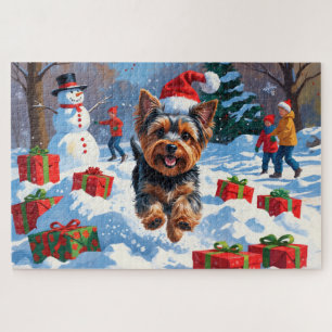 Yorkshire Terrier im Schnee mit Weihnachtsmütze Puzzle