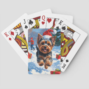 Yorkshire Terrier im Schnee mit Weihnachtsmütze Spielkarten