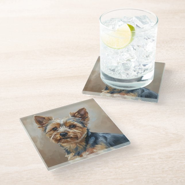 Yorkshire Terrier Impressionistischer Kunst Unters Glasuntersetzer (Schrägansicht)