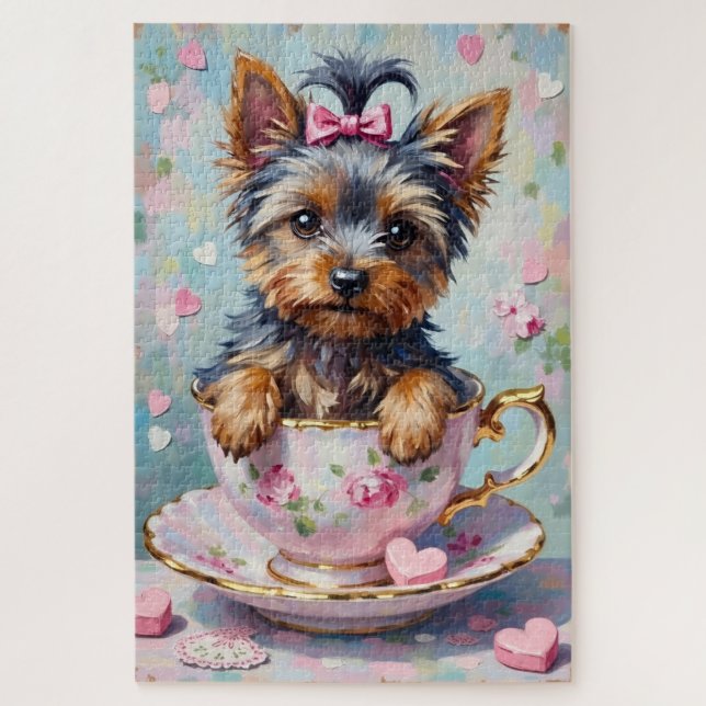 Yorkshire Terrier in a Teacup Valentine's Puzzle (Vertikal)