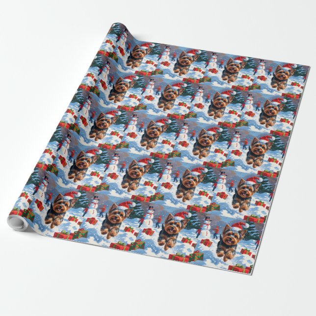 Yorkshire Terrier in Snow mit Weihnachtshut Geschenkpapier (Ungerollt)