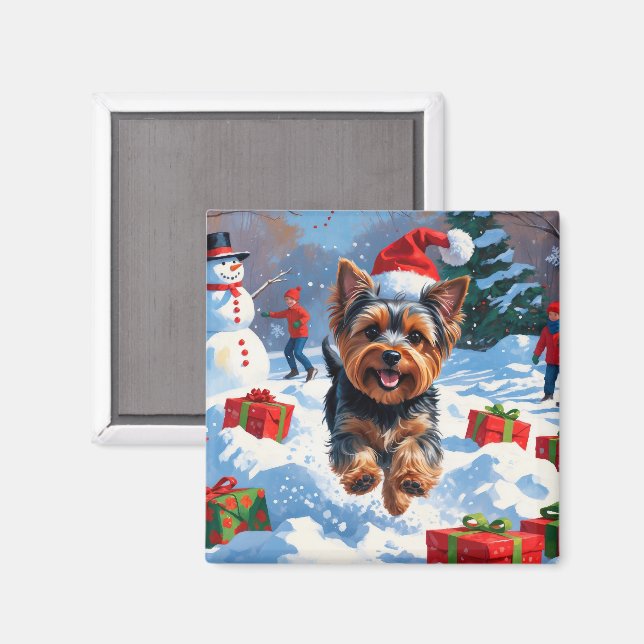Yorkshire Terrier in Snow mit Weihnachtshut Magnet (Vorderseite/Rückseite)
