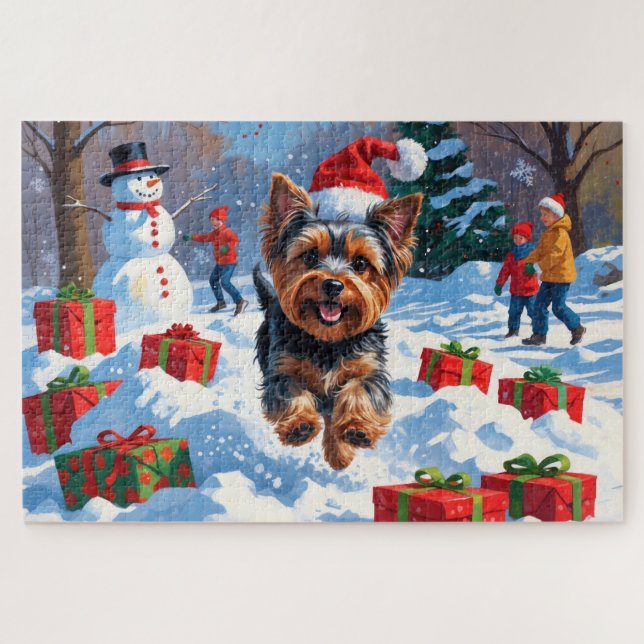 Yorkshire Terrier in Snow mit Weihnachtshut Puzzle (Horizontal)