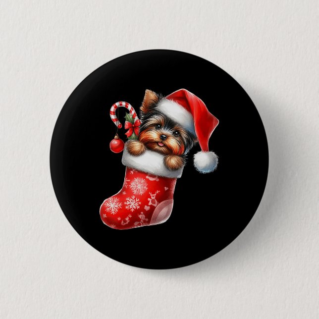 Yorkshire Terrier in Sock Christmas Weihnachtsmann Button (Vorderseite)