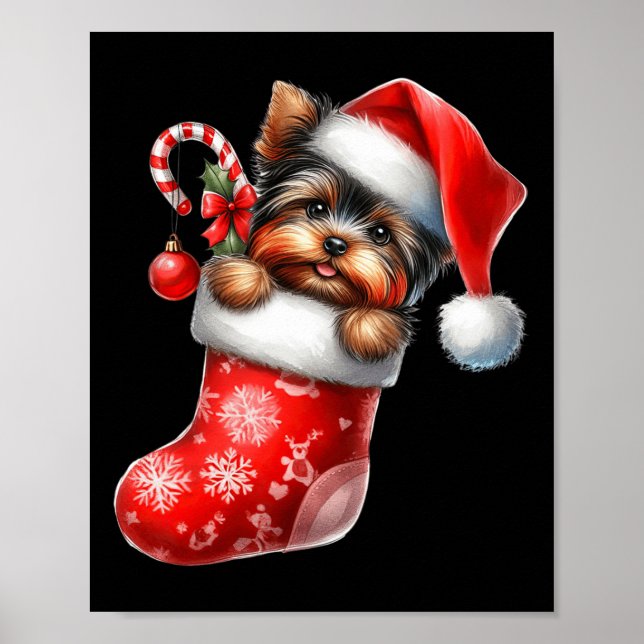 Yorkshire Terrier in Sock Christmas Weihnachtsmann Poster (Vorne)