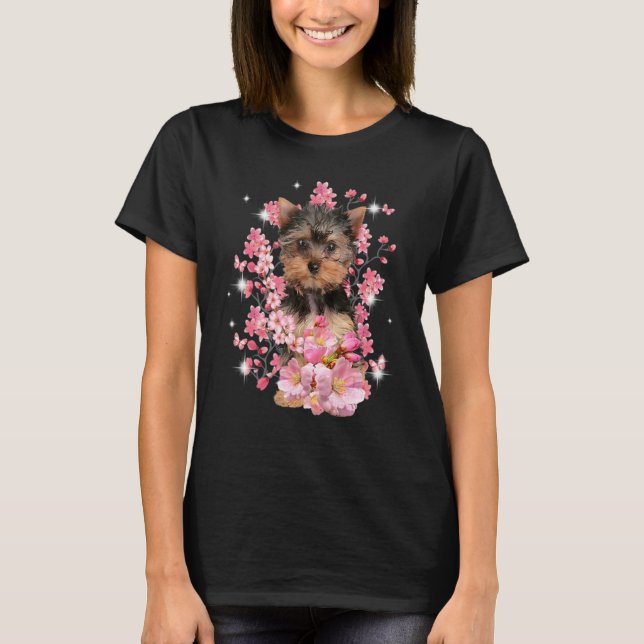 Yorkshire Terrier Kirschblüten Blumen T-Shirt (Vorderseite)