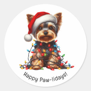 Yorkshire Terrier mit Santa-Hut und Weihnachtsbele Runder Aufkleber