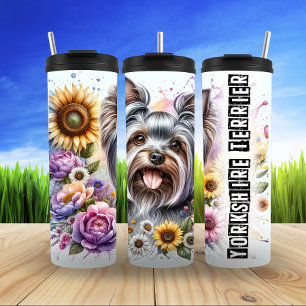 Yorkshire Terrier mit Sonnenblumen und Blüten Thermosbecher