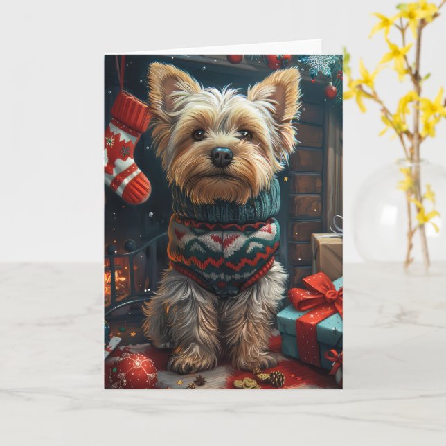 Yorkshire Terrier mit Weihnachtsgeschenken Kamin Karte (Gelbe Blume)