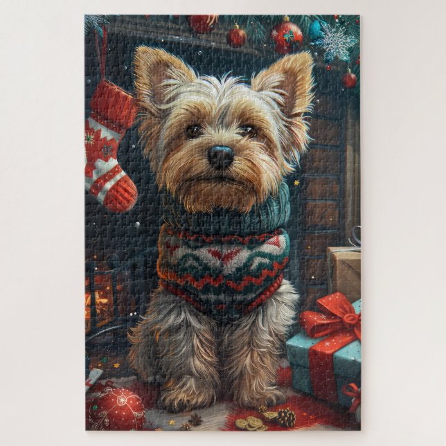Yorkshire Terrier mit Weihnachtsgeschenken Kamin Puzzle (Vertikal)