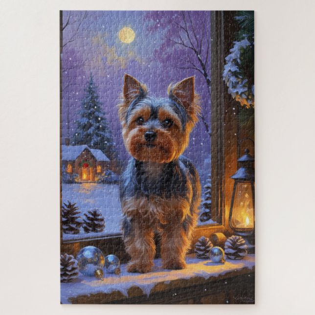 Yorkshire Terrier mit Weihnachtslichtern Urlaub Puzzle (Vertikal)