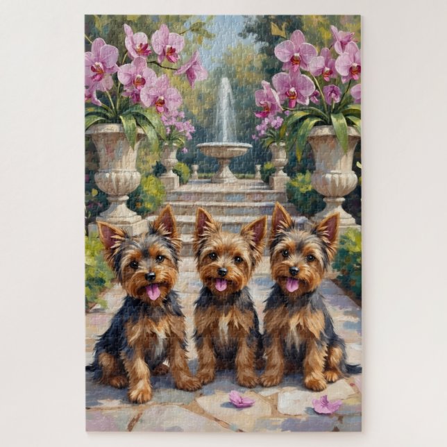 Yorkshire Terrier Orchideengarten Kunst Puzzle (Vertikal)