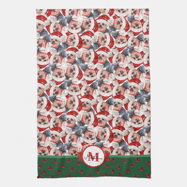 Yorkshire Terrier Pattern Monogram Christmas Dog Geschirrtuch (Vertikal)