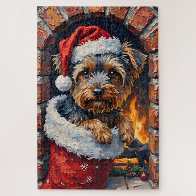 Yorkshire Terrier Peeking from Christmas Stocking  Puzzle (Vertikal)