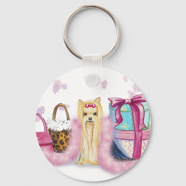 Yorkshire Terrier Pink Feather Boa Key Chain Schlüsselanhänger (Vorderseite)