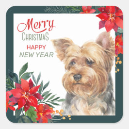 Yorkshire Terrier Poinsettia Border Quadratischer Aufkleber