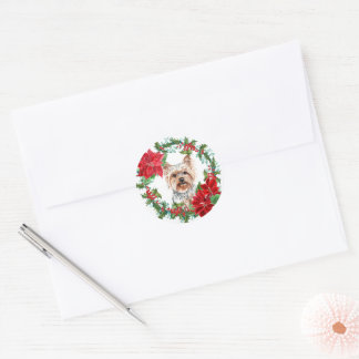 Yorkshire Terrier Poinsettia Holly Holiday Wreath Runder Aufkleber