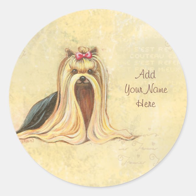 Yorkshire Terrier Portrait in Beige mit Skript Runder Aufkleber (Vorderseite)