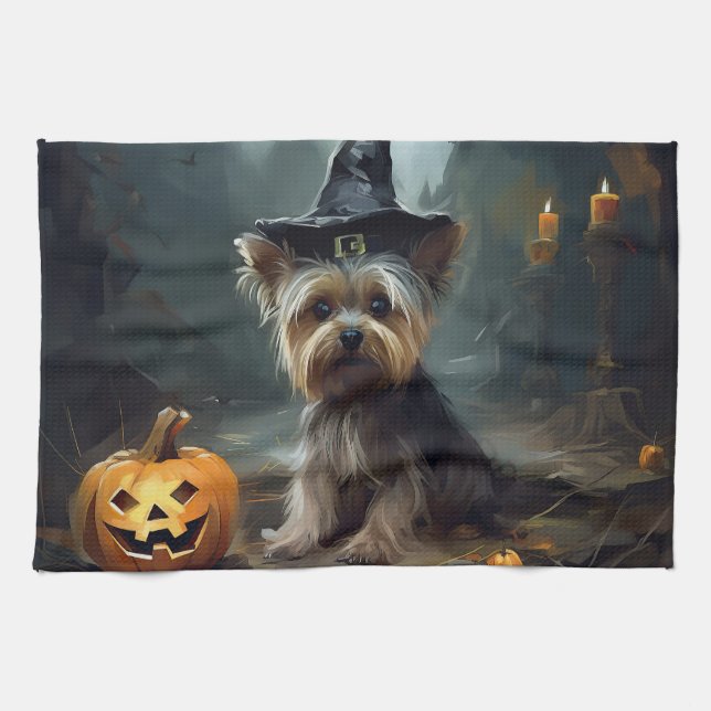 Yorkshire Terrier Pumpkins Halloween Beängstigend Geschirrtuch (Horizontal)