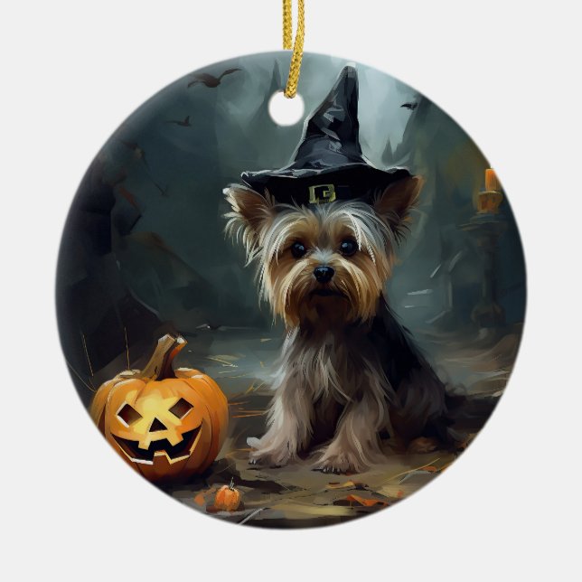 Yorkshire Terrier Pumpkins Halloween Beängstigend Keramik Ornament (Vorne)