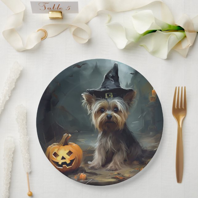 Yorkshire Terrier Pumpkins Halloween Beängstigend Pappteller (Hochzeit)