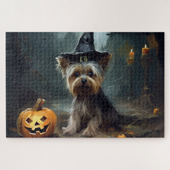 Yorkshire Terrier Pumpkins Halloween Beängstigend Puzzle (Horizontal)