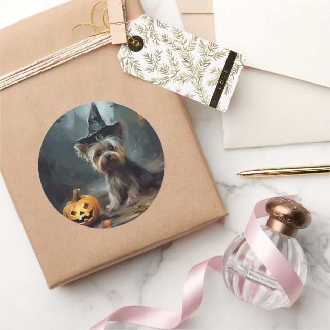 Yorkshire Terrier Pumpkins Halloween Beängstigend Runder Aufkleber (Schenken)