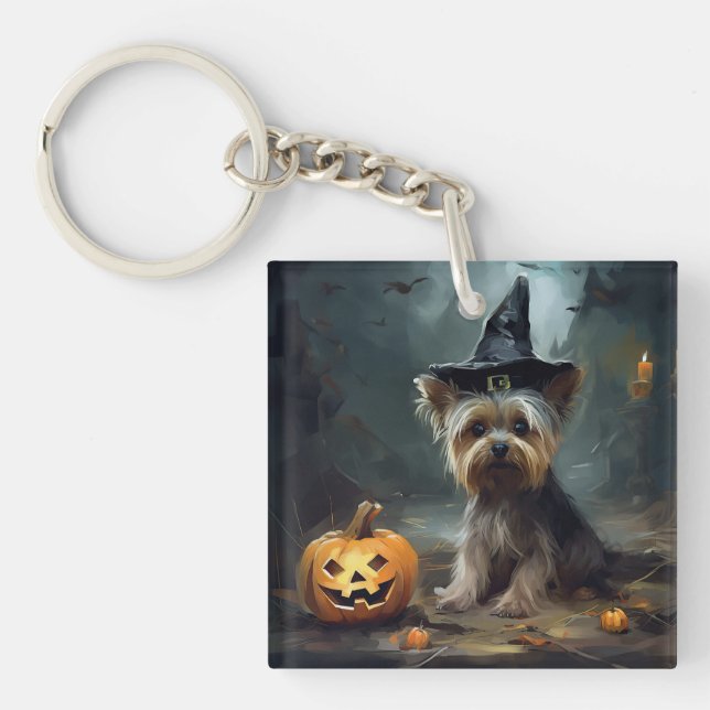 Yorkshire Terrier Pumpkins Halloween Beängstigend Schlüsselanhänger (Vorderseite)