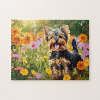 Yorkshire Terrier Pup in Blume Field Puzzle